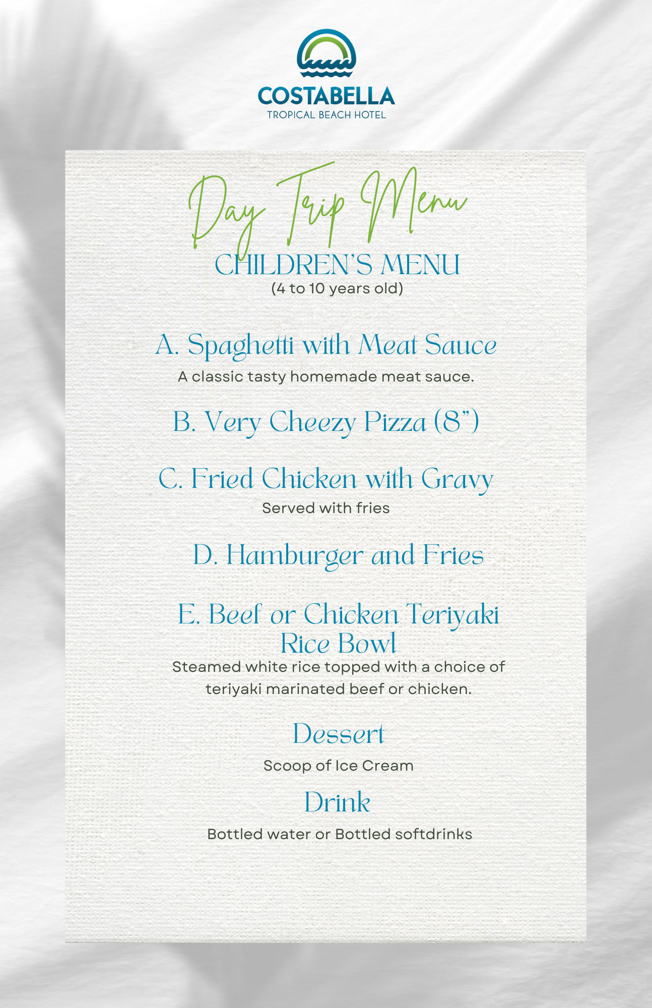 Kids will enjoy a delicious lunch from the Day Trip Menu for Children